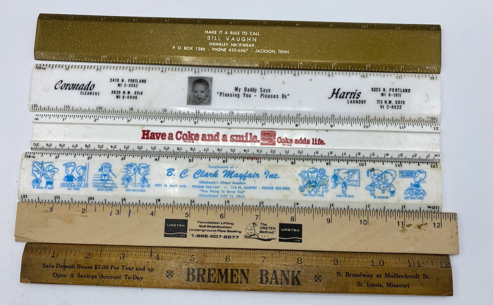 Vintage Lot of 6 Wood & Plastic Rulers 12″ Advertising Coke Bremen Bank