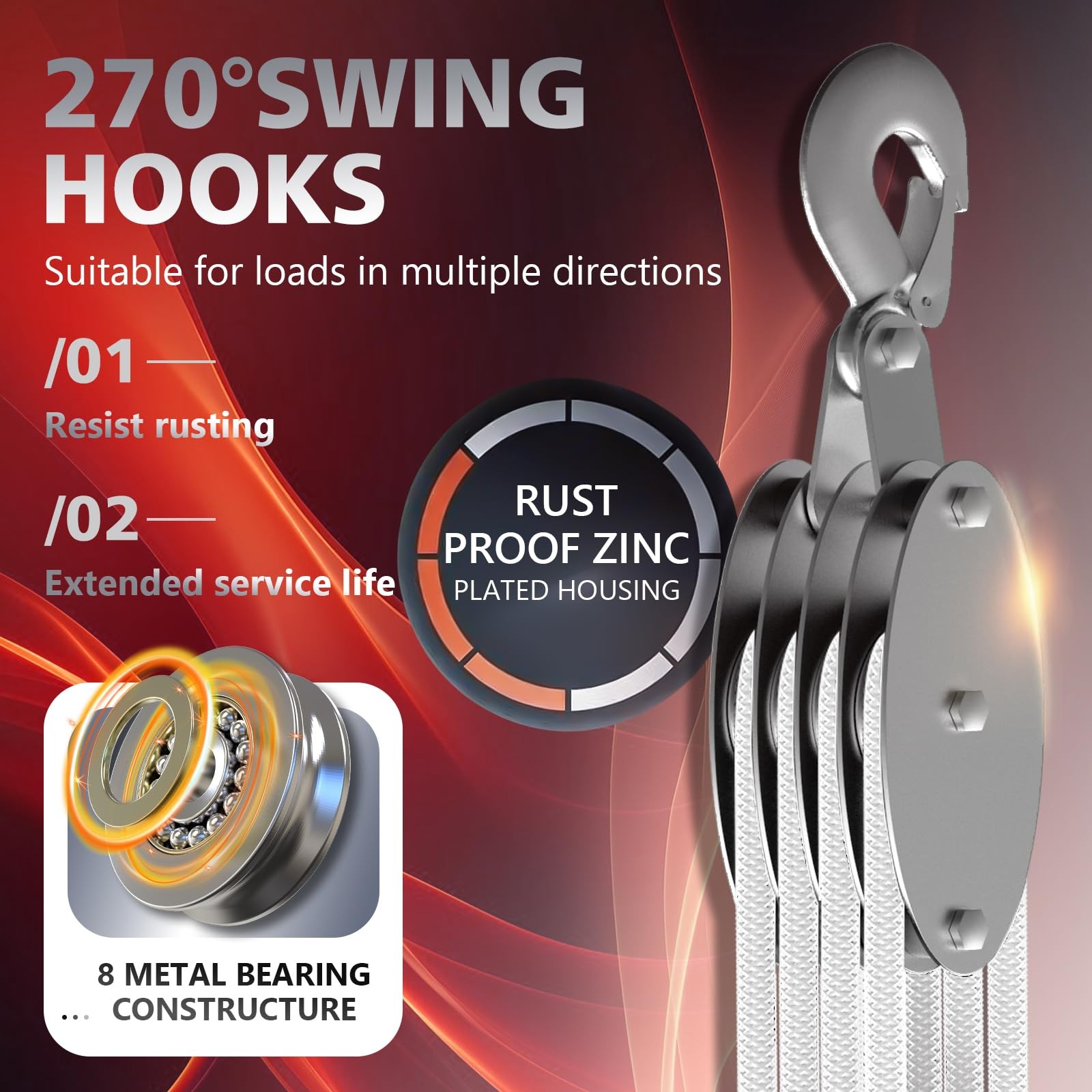 YATOINTO Upgraded Rope Pulley Hoist 4400 LB, 8:1 4 Pulley+2 straps