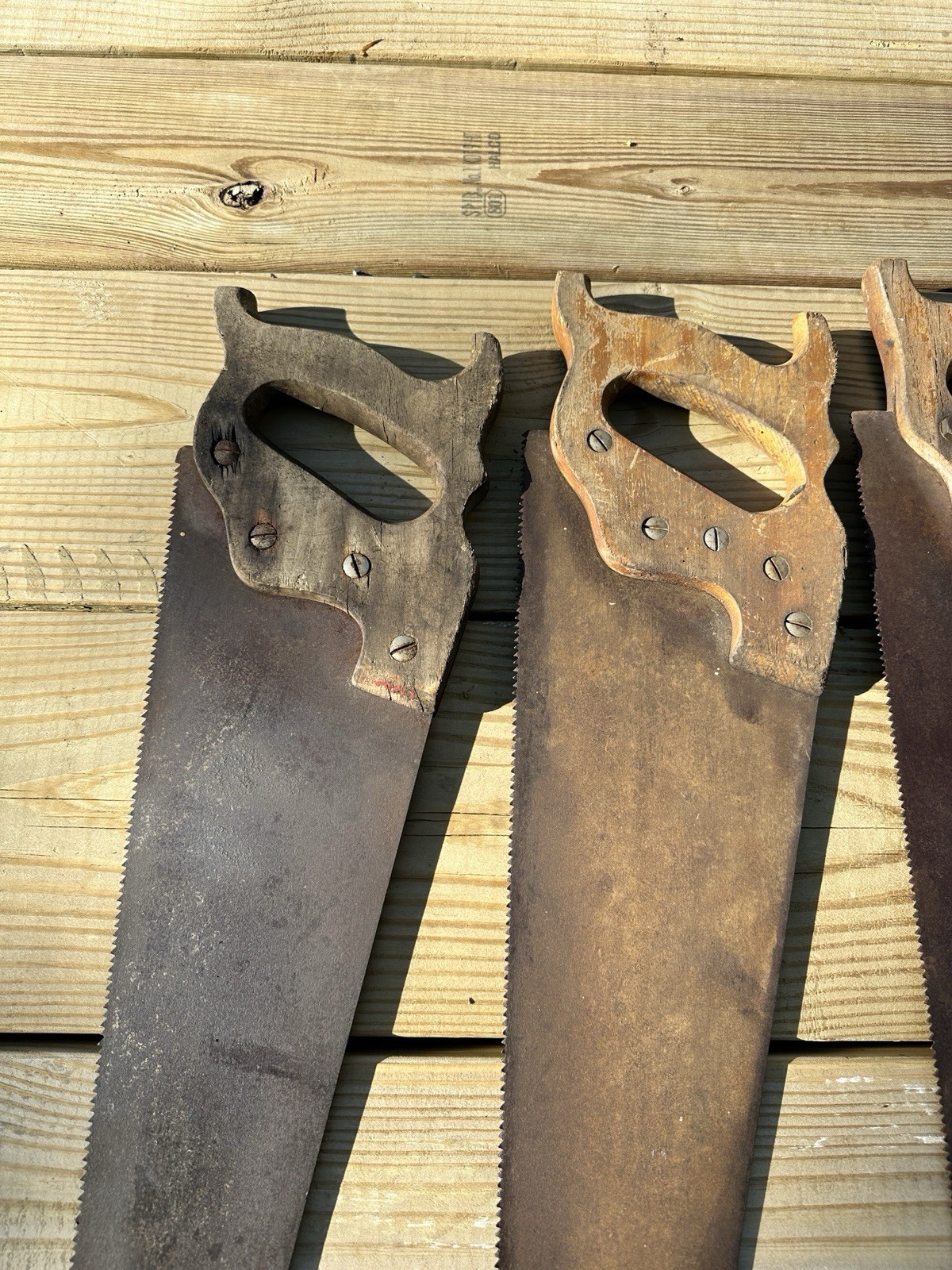 Lot of 4 Vintage Hand Saws – Carved Wooden Handles Approximately 26”