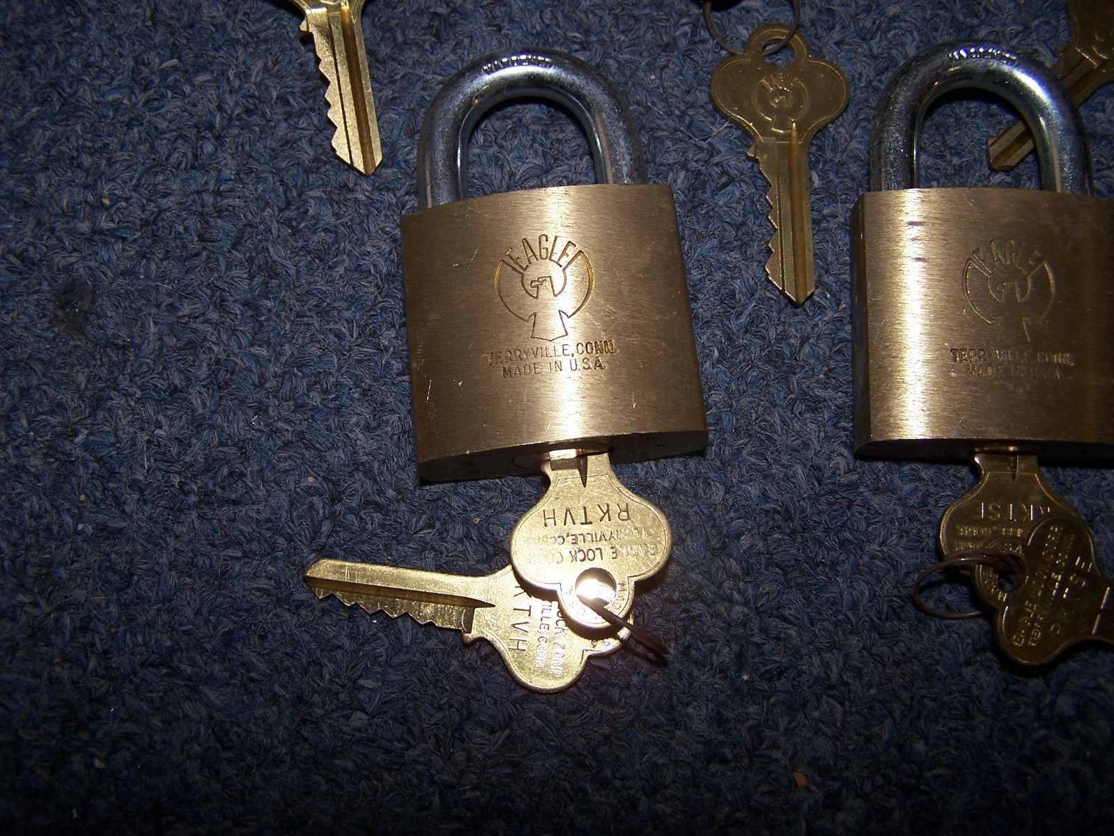 LOT of 5 Brass Eagle Padlocks not keyed alike but all with 2 keys Made in USA