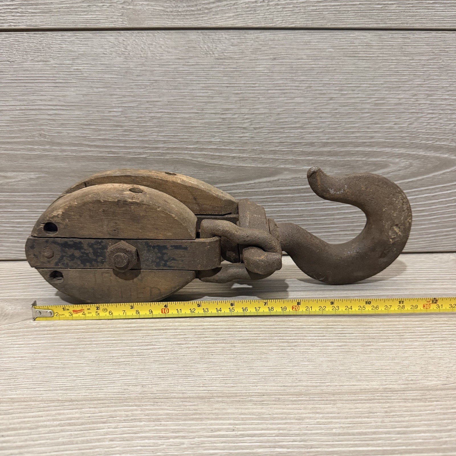 Vintage Antique Wooden Block & Tackle Pulley 12” Total – Open Latch Design
