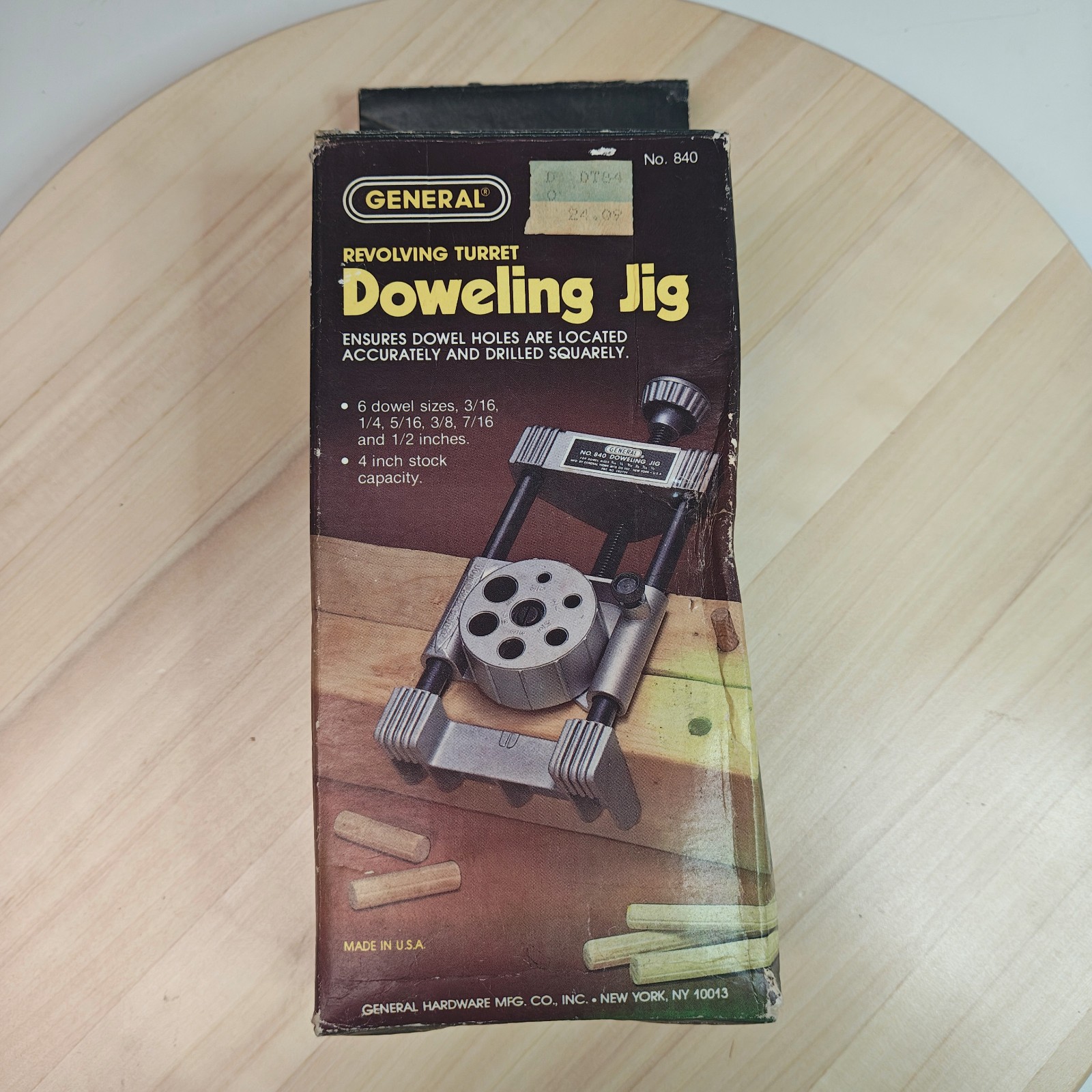 Vtg General No. 840 Doweling Jig for Sizes 3/16, 1/4, 5/16, 3/8, 7/16, 1/2″ NIB