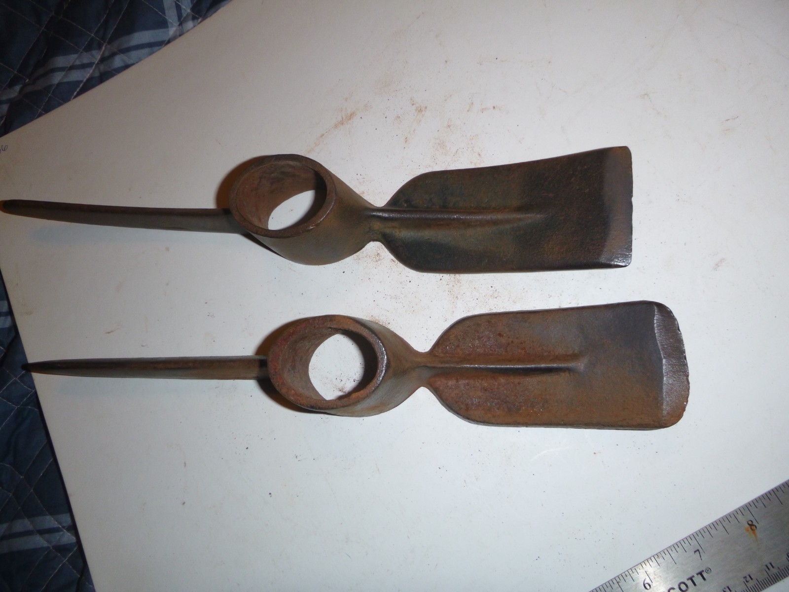Pair of old farm grubbing tools hoes Marked Taiwan 12 & 13 inches