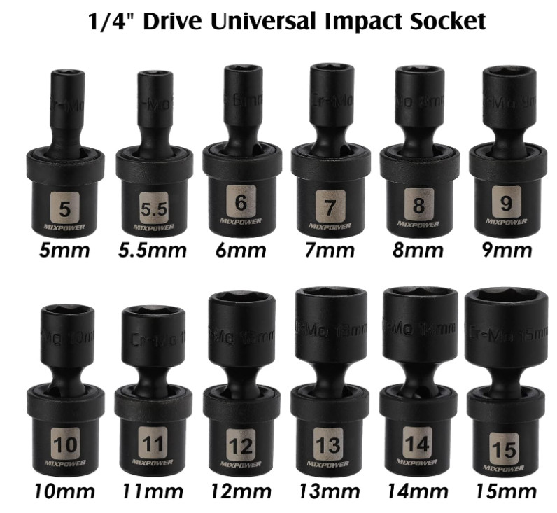12 Pieces 1/4″ Drive Universal Impact Socket Set, CR-MO, Metric, Swivel Socket