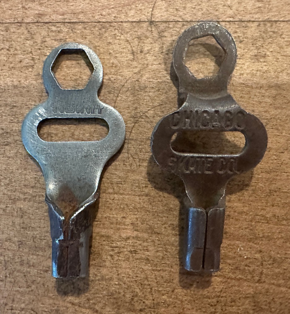 2 Vintage Roller Skate Keys | Chicago Skate Co., Union Hardware Co.