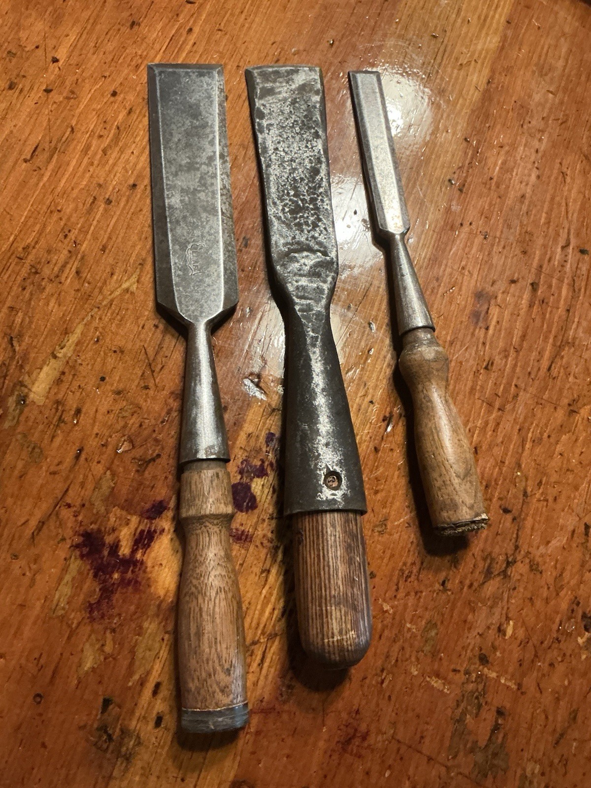 Lot of 3 Old Socket Chisels 1 Oak LEAF 2 Unmarked One Hand Forged One Unmarked