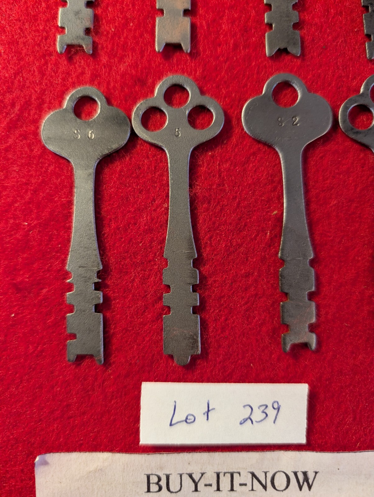 8 “YALE” VINTAGE 1880’s FLAT STEEL LONG SHAFT KEYS, ANTIQUE KEY LOT #239