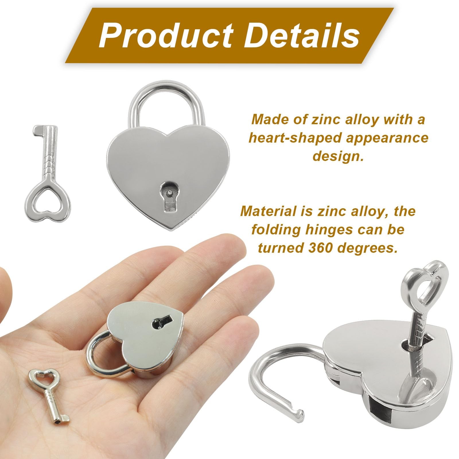 Small Metal Heart Shaped Padlock Mini Lock with Key for Jewelry Box, Pack of 2,