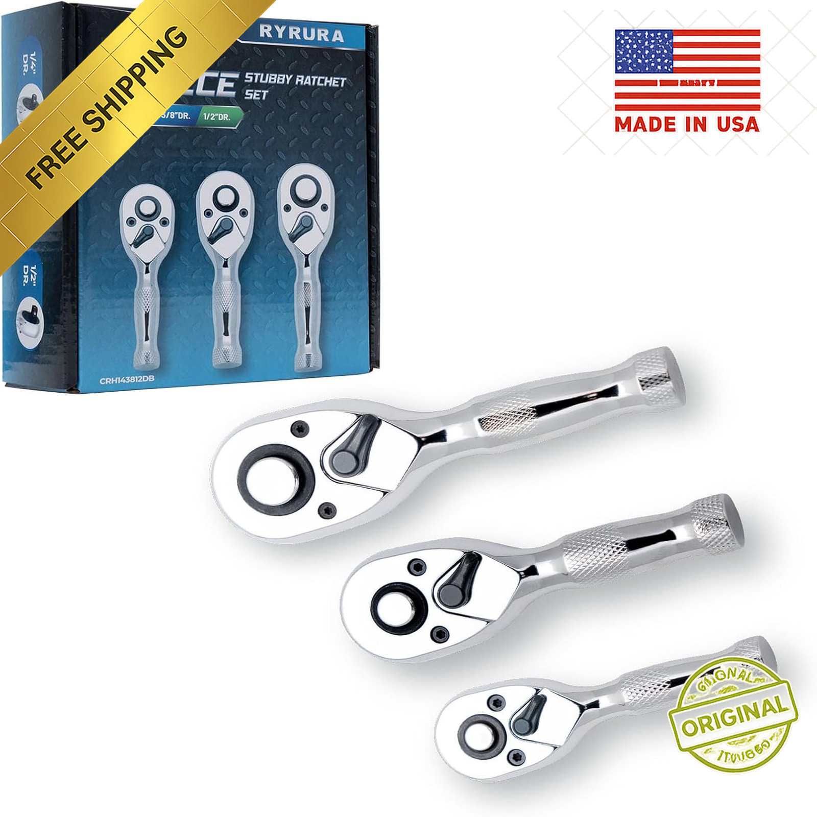 1/4 3/8 1/2 Stubby Ratchet Wrench Set 72-Tooth Quick Release Chrome Alloy