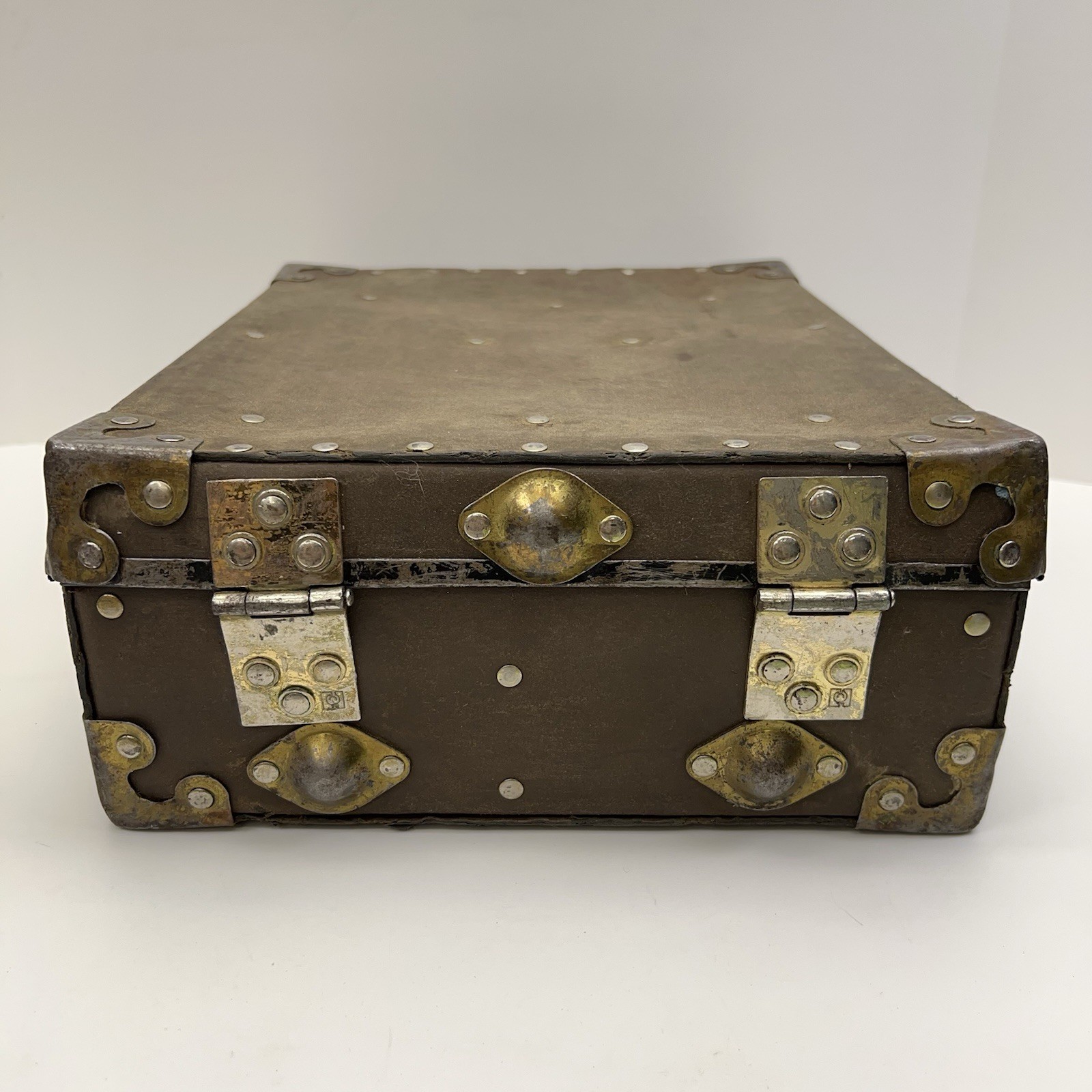 Vtg SALESMAN SAMPLE CASE Antique Metal Travel Box Leather Industrial Tools Decor