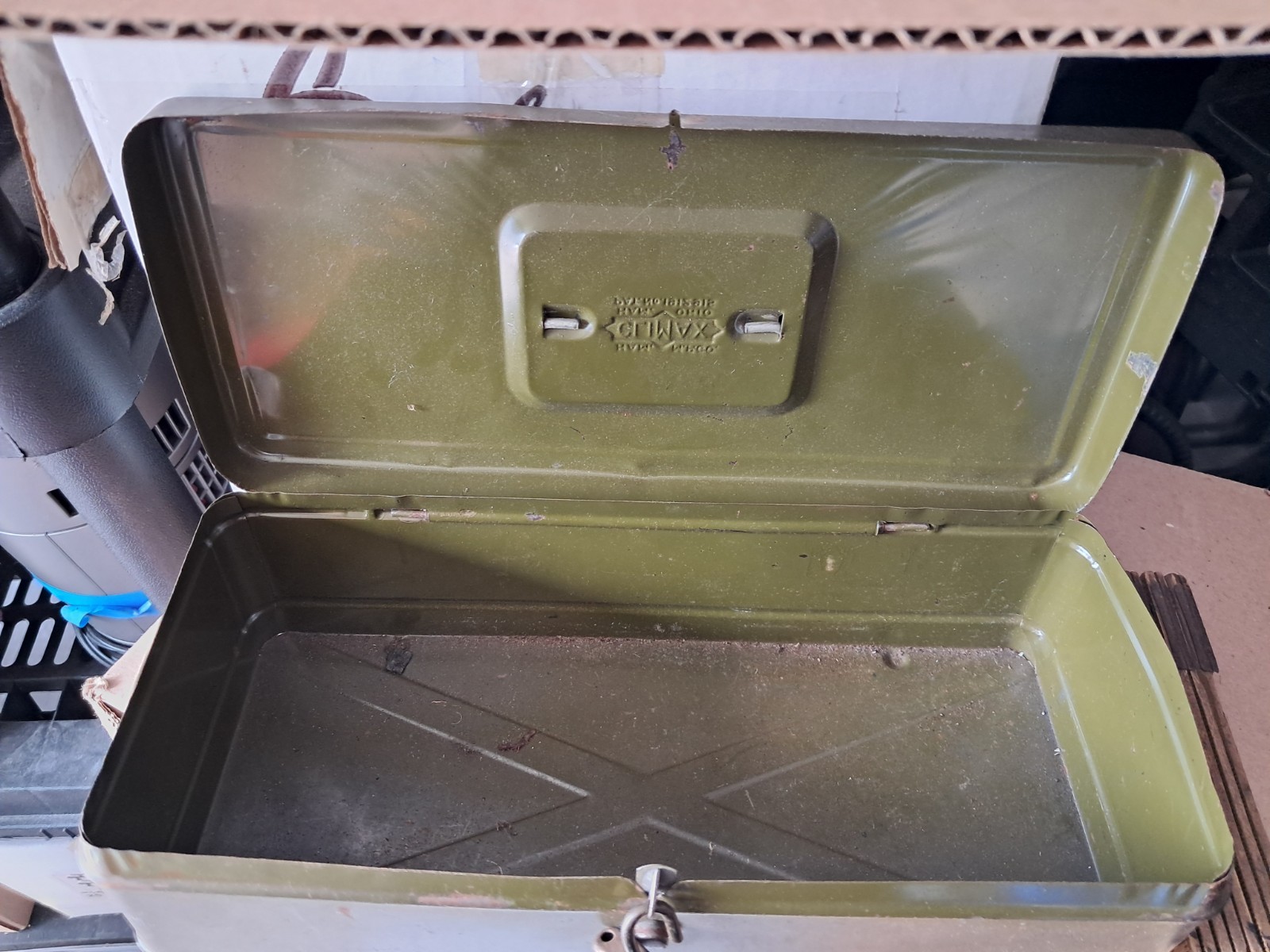 Vintage Climax Metal Tackle Tool Box Push Button Green Hamilton Metal Products
