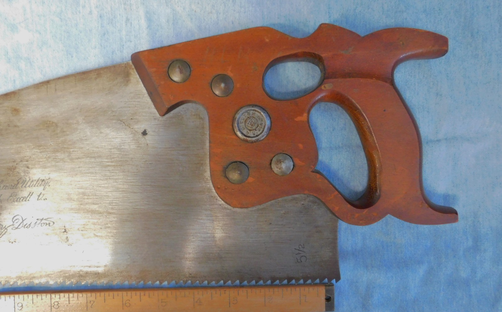 Henry Disston D 8 5 1/2 Pt. Rip Saw Thumb Hole – Straight – Good Etch