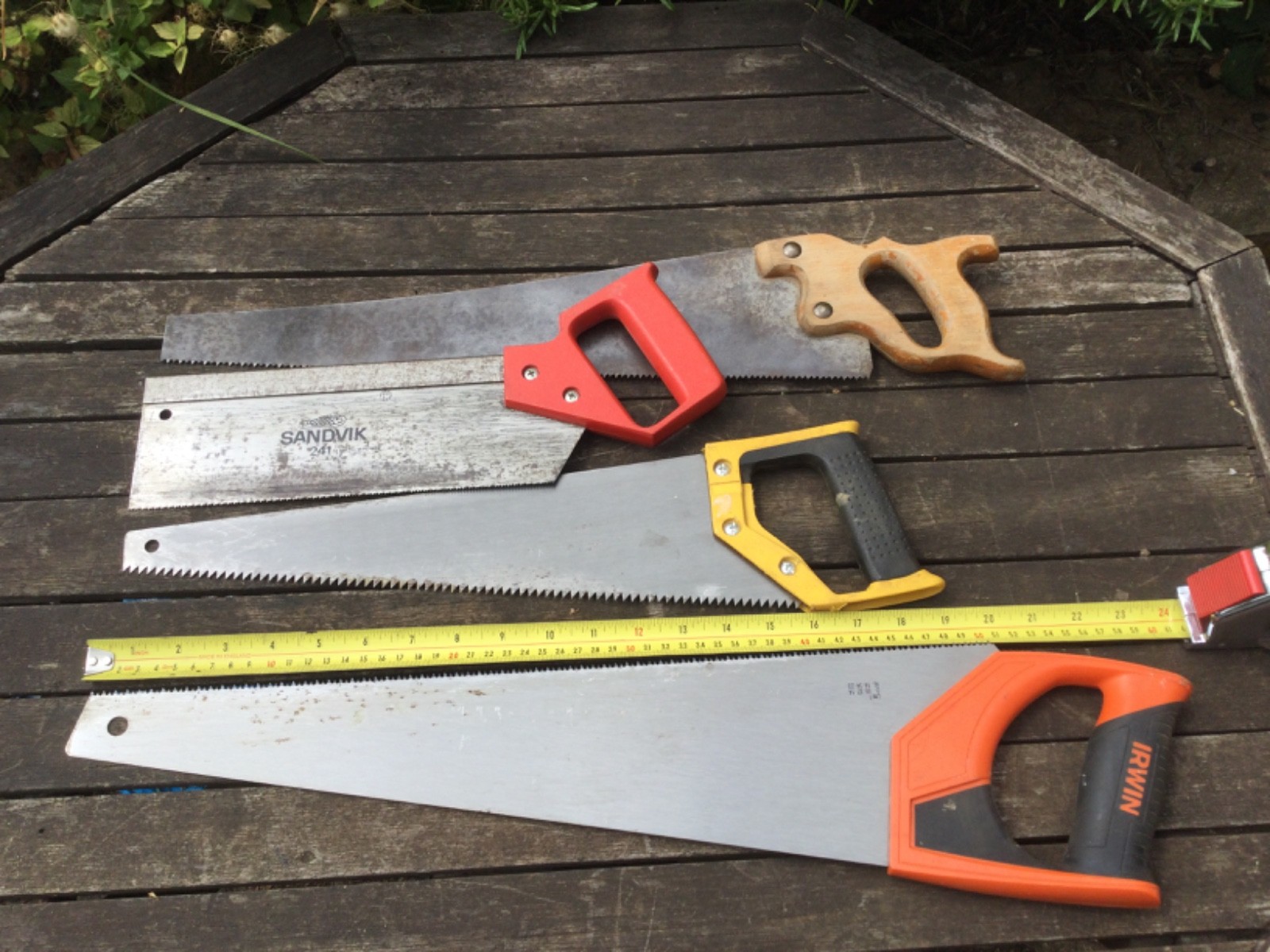 Four Vintage & Contemporary Carpentry Saws Inc Sandvik Tenon Saw & 17” Panel Saw