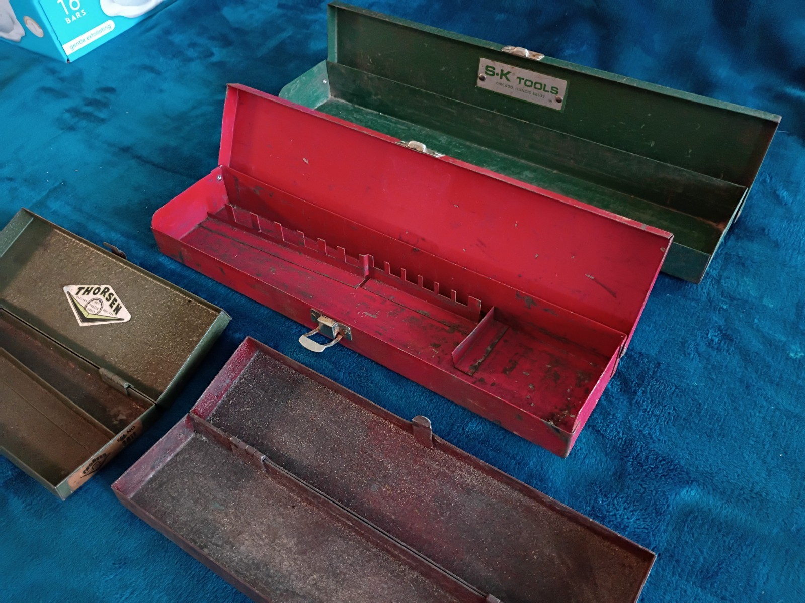 Lot Of 4 Vintage Small Metal Tool Boxes Collectible S-K TOOLS, THORSEN.