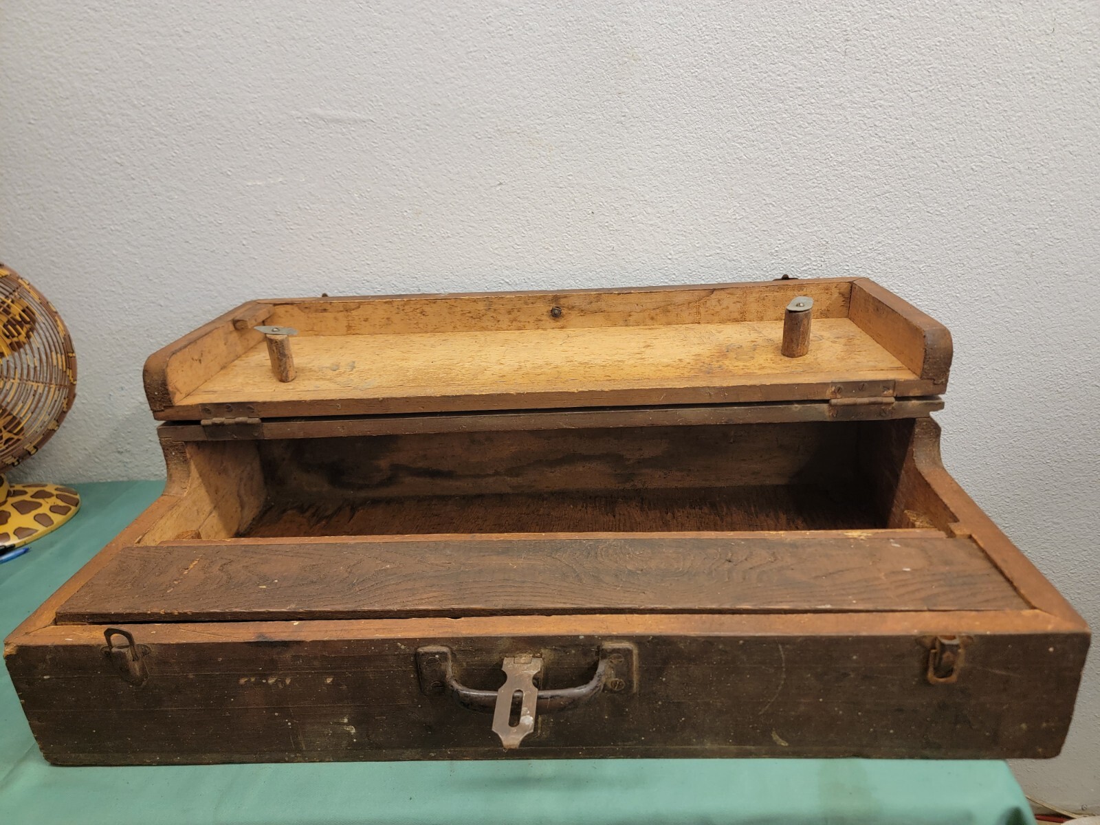 Antique Large Wooden Carpenter’s Tool Box Chest with Tools Included