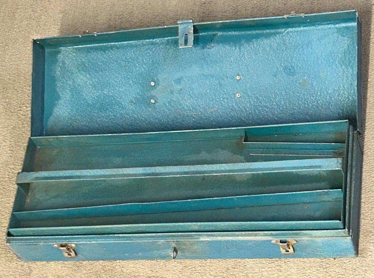 Vintage Blue Metal Tool Box With Machinist Tray 21”x 7”x 4 1/2”
