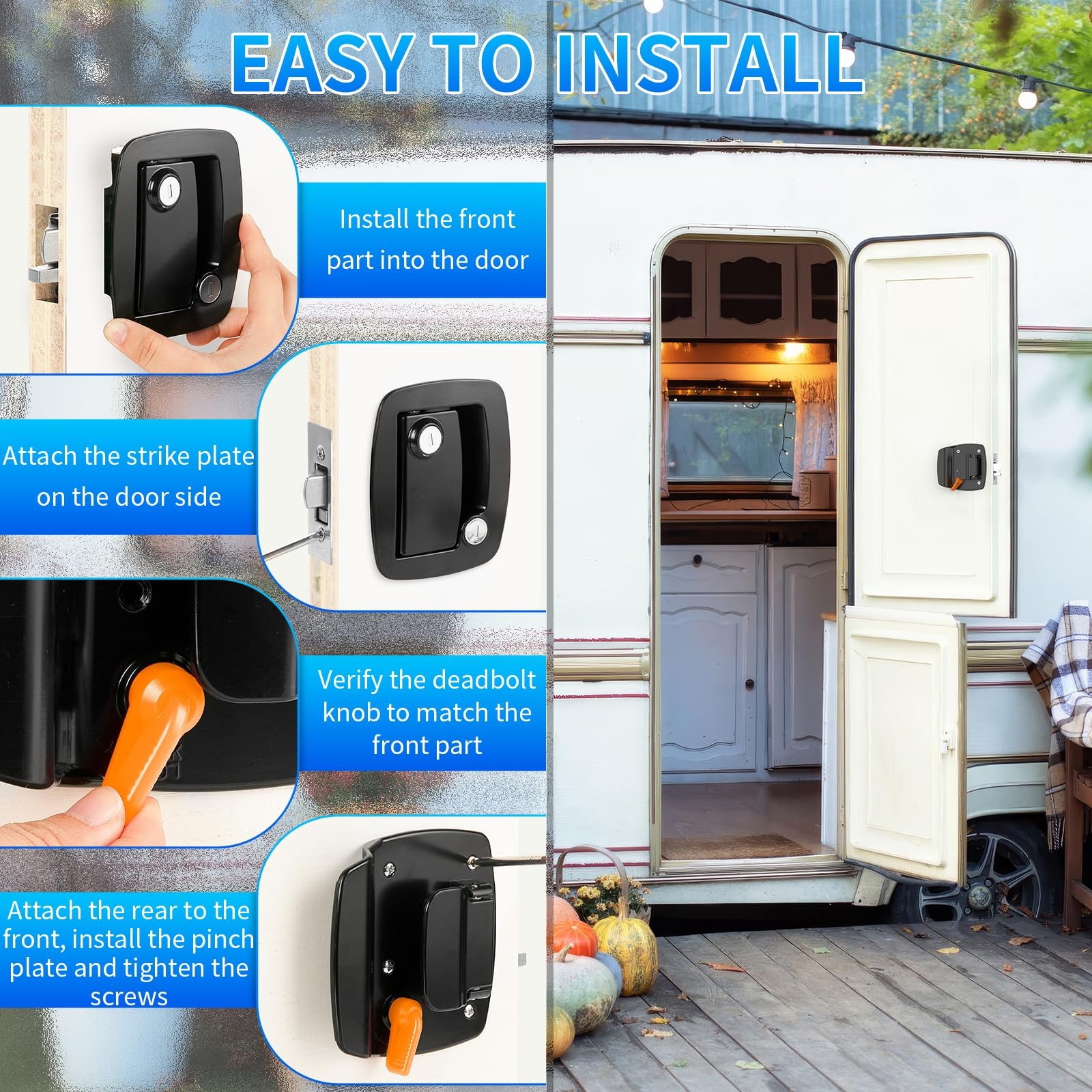 RV Door Lock Camper Entry Latch Deadbolt Aluminum Paddle 4 Keys Black