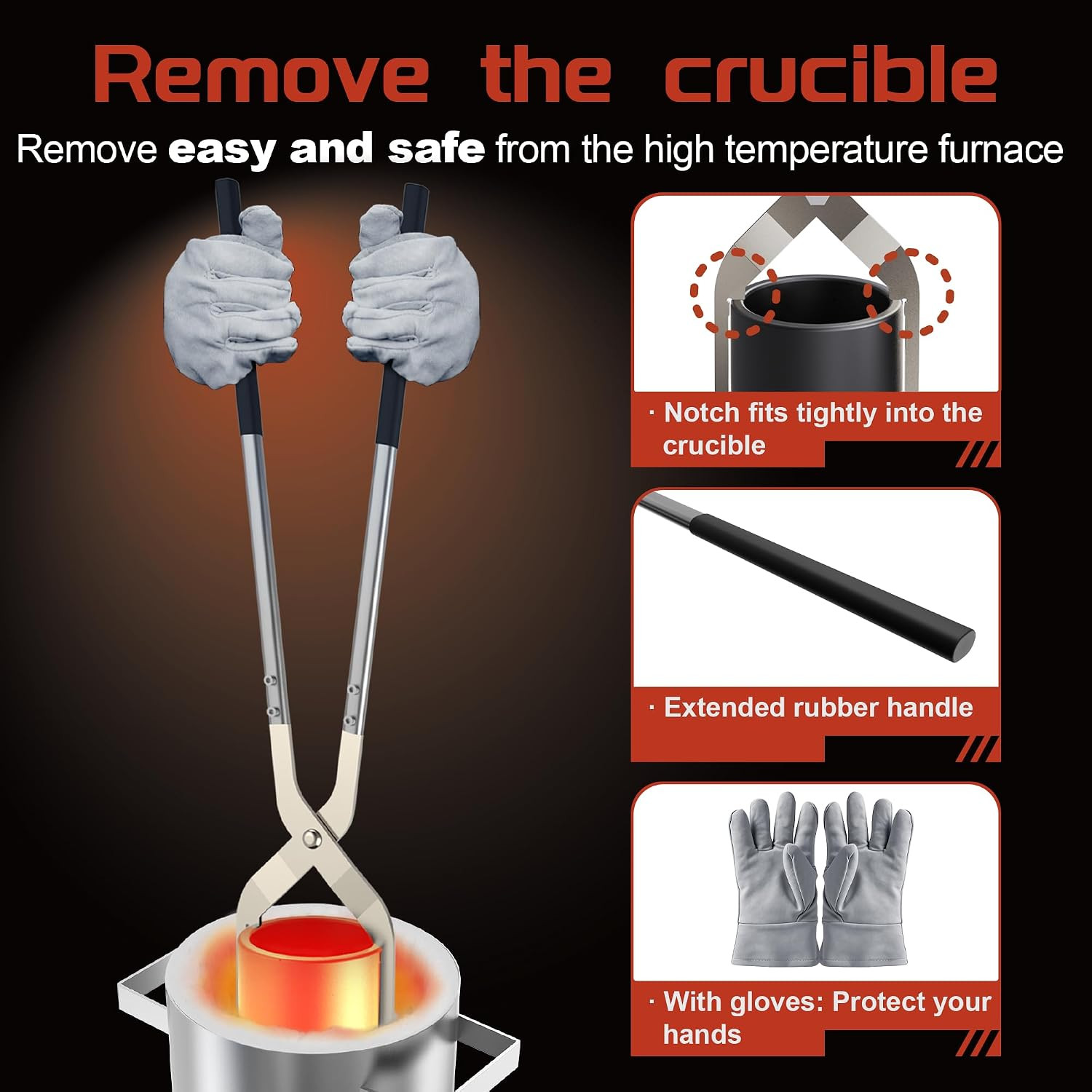 #6 (13.2Lbs-6Kg) Crucible Tongs Set Pro for Melting Metal Casting | Includes Lif
