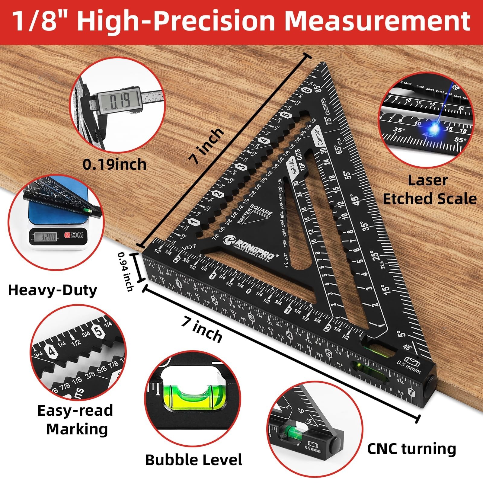 7inch Rafter Square with Level Vial, Heavy Duty Multi-Purpose Aluminum Triang…