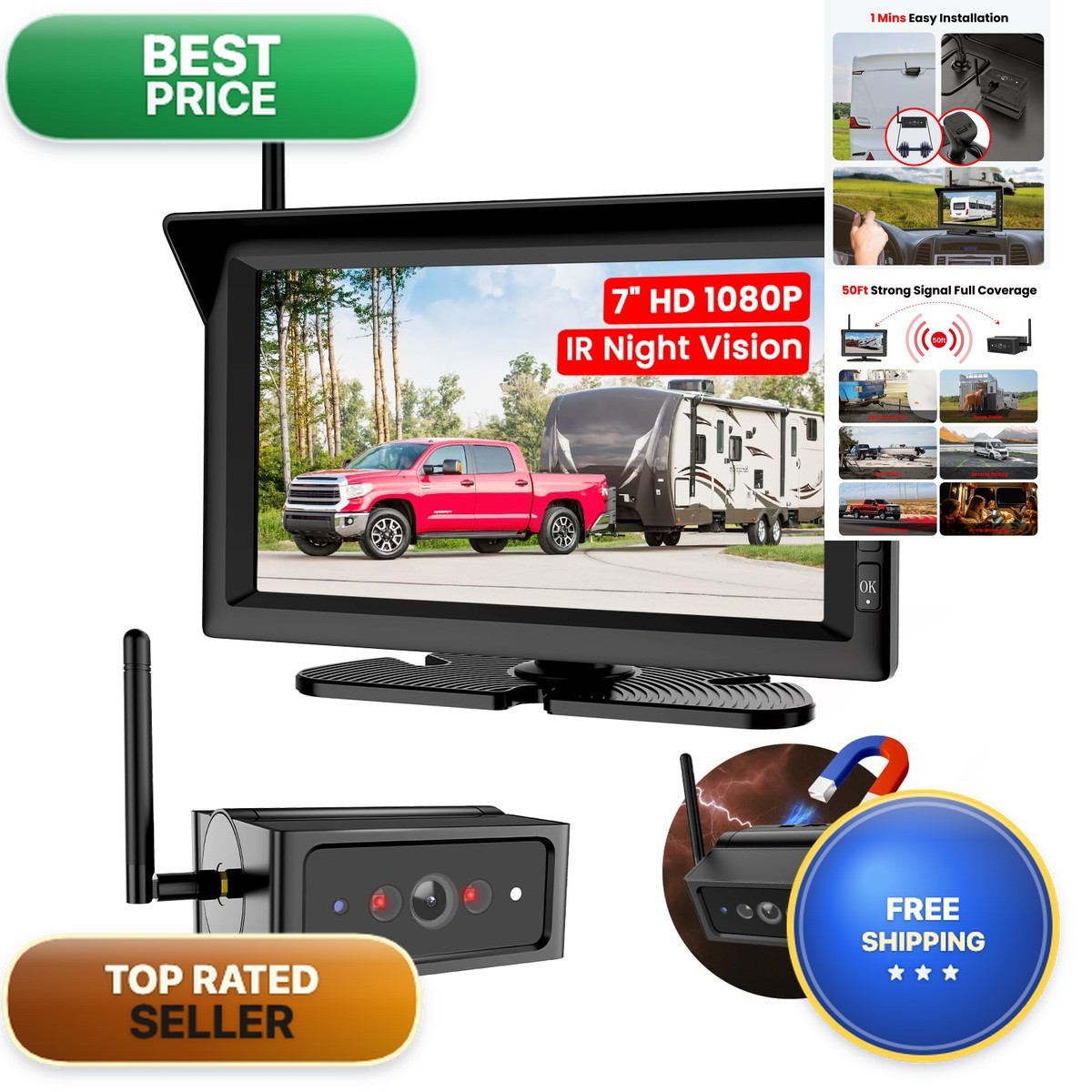 Foxpark S4C Magnetic Wireless Backup Camera 7″ HD 1080P Monitor for RV Trailer