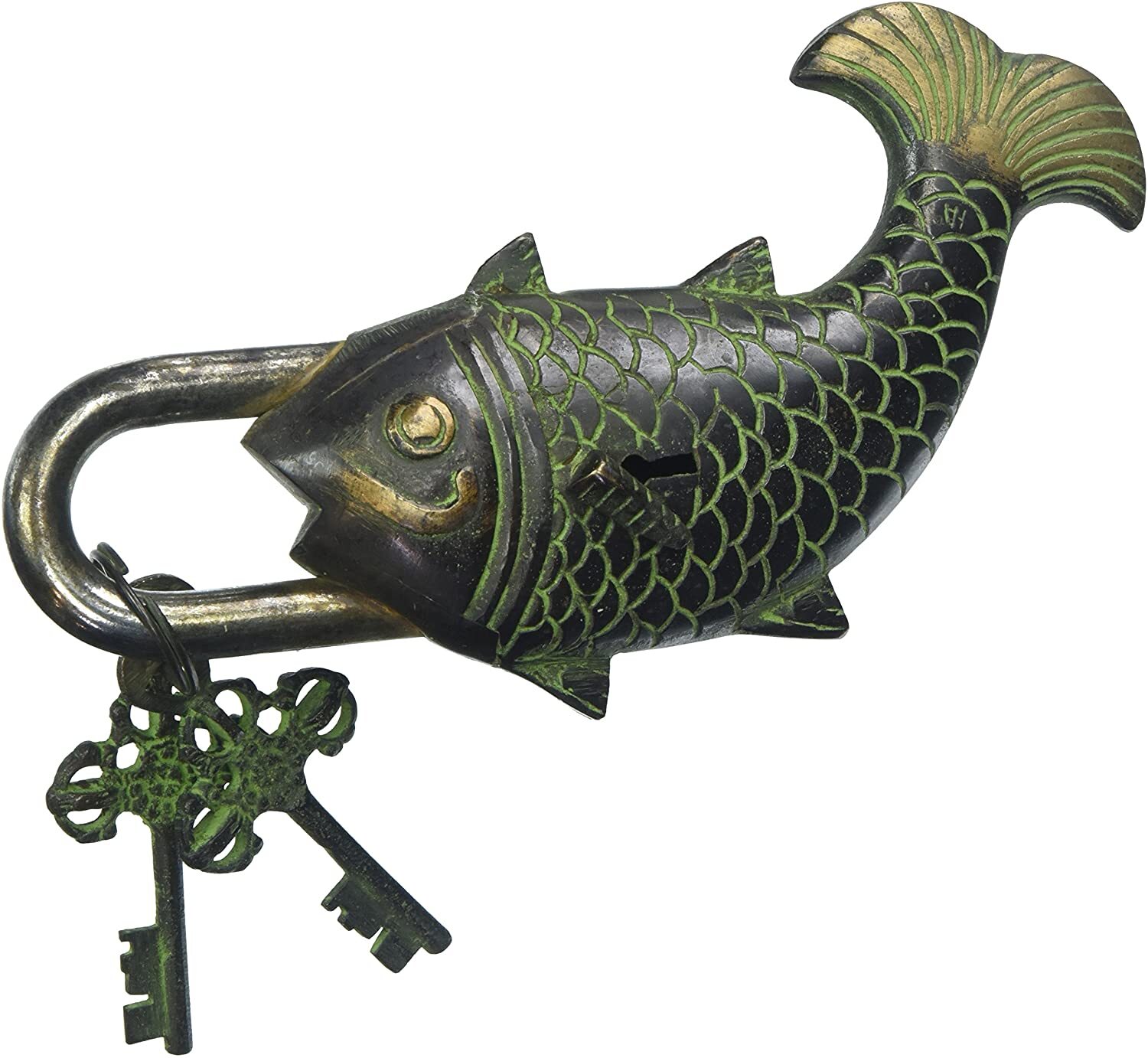 Fish Shape Brass Security Lock with 2 Keys Handmade Vintage Style Antique 7 in