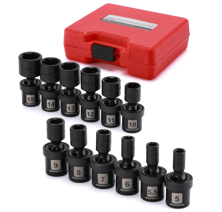 12 Pieces 1/4″ Drive Universal Impact Socket Set, CR-MO, Metric, Swivel Socket