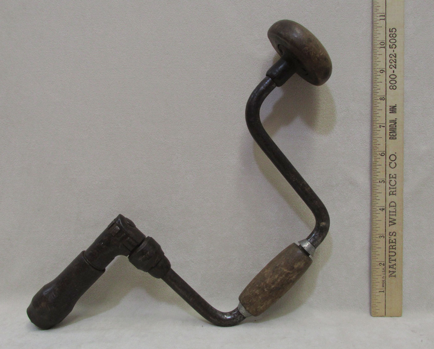 Vintage Metal Hand Drill Wood Handles John S Fray No. 103 USA Made 13″ Wooden