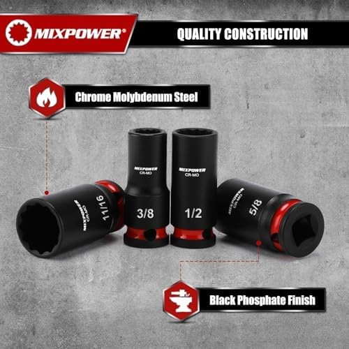MIXPOWER 12 Pieces 3/8” Drive Semi-Deep Impact Socket Set,12 Point,SAE,5/16″…