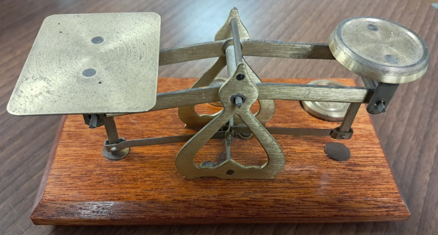 Vintage Reproduction Brass Weighing Scales on Wooden Base: 5g, 20g, 20g, 50g