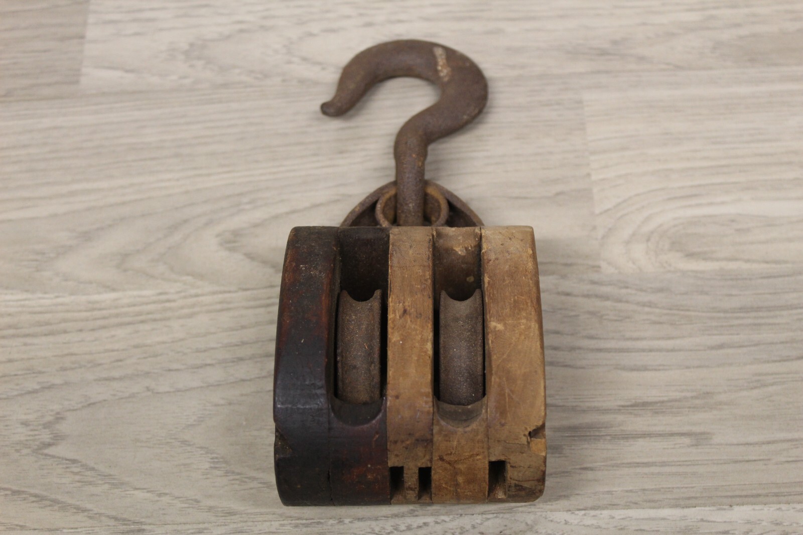 Antique/Vintage Wood Pulley Block 2 Sheave Brand Illegible Very Solid