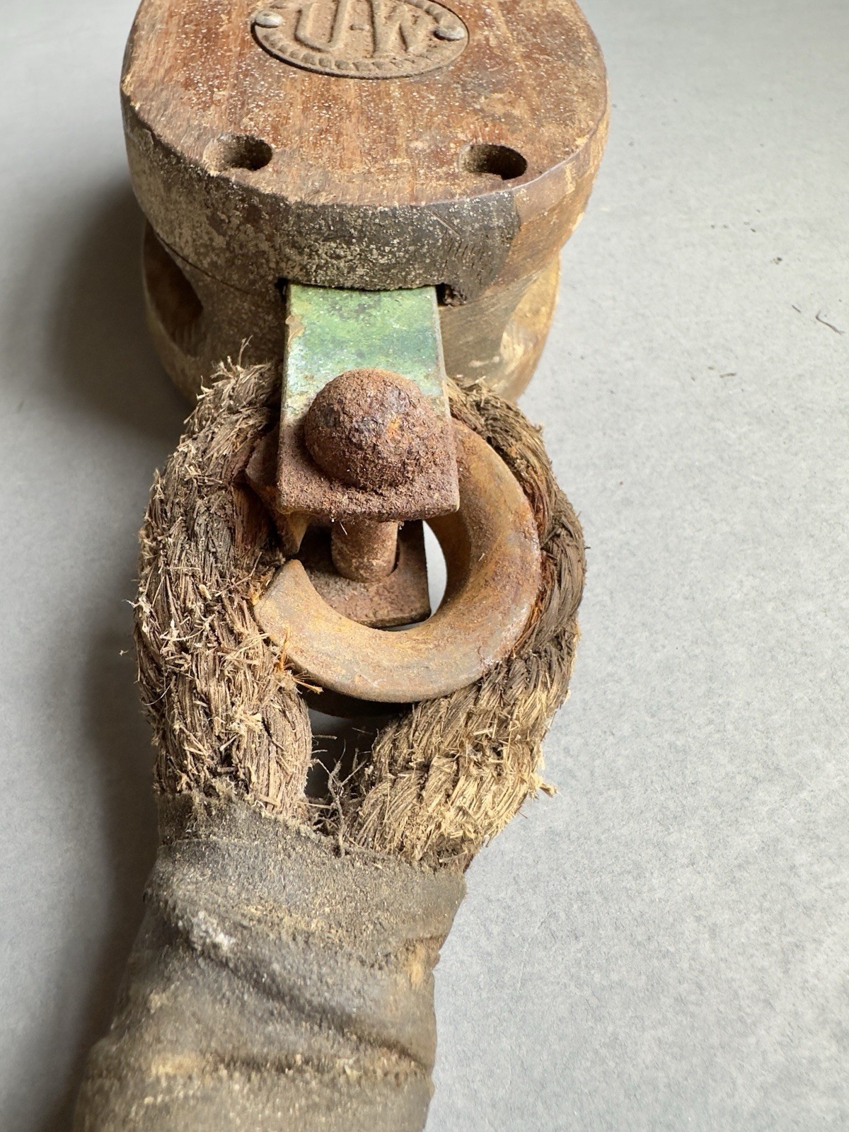 Vintage U•W Block & Tackle Wooden Barn Hoist Pulley With Old Rope Attached