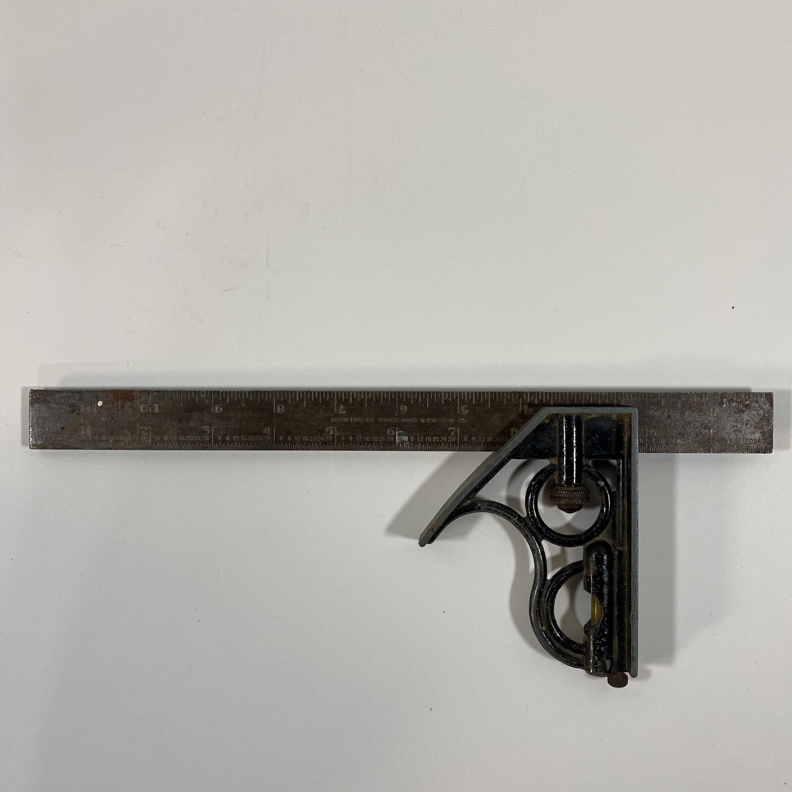 Carpenter Square Ruler Union Tool Co. 12″ Black w/ Bubble Level Vintage USA