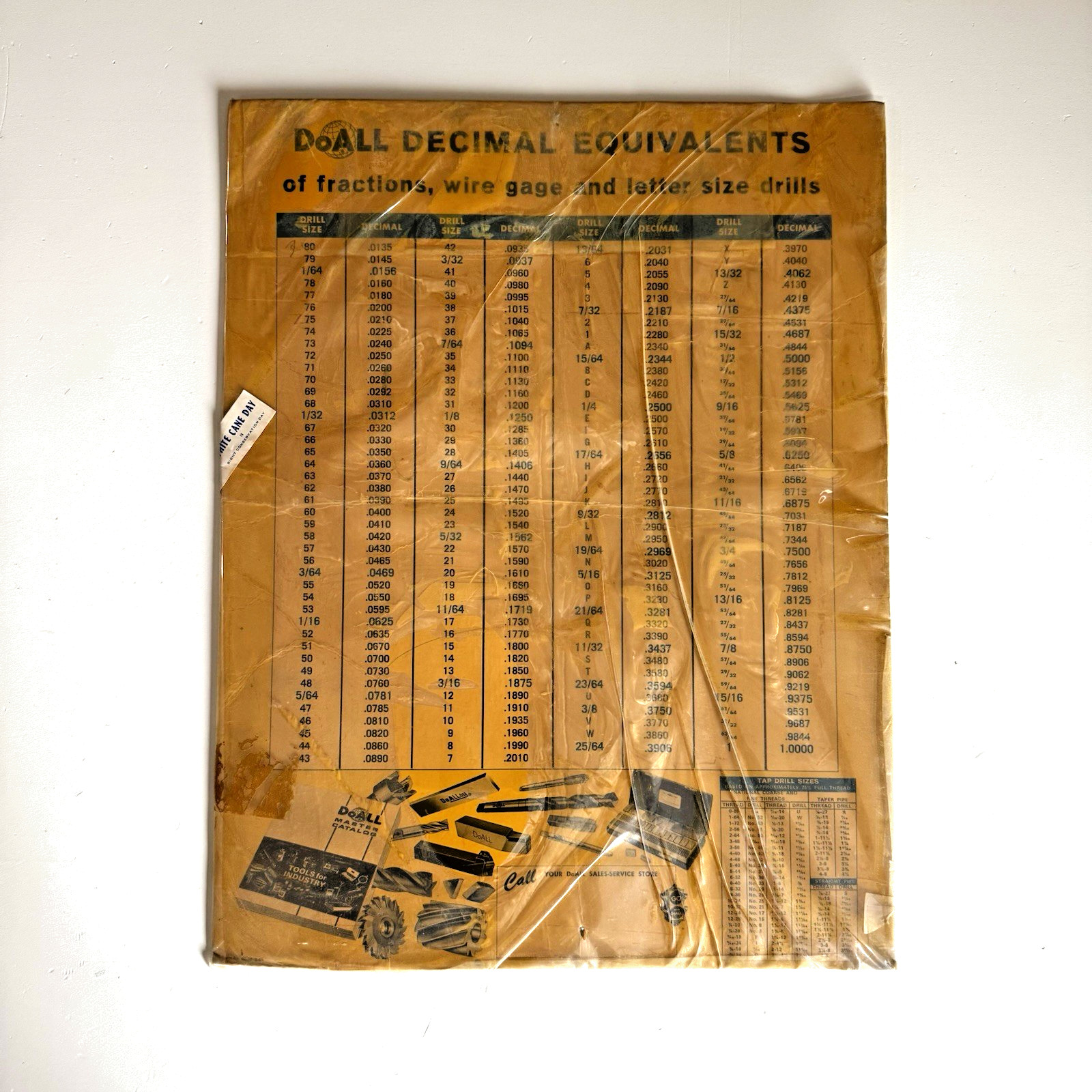 Vintage DoAll Cardboard Thick Poster Display Chart Decimal Equivalents Chart