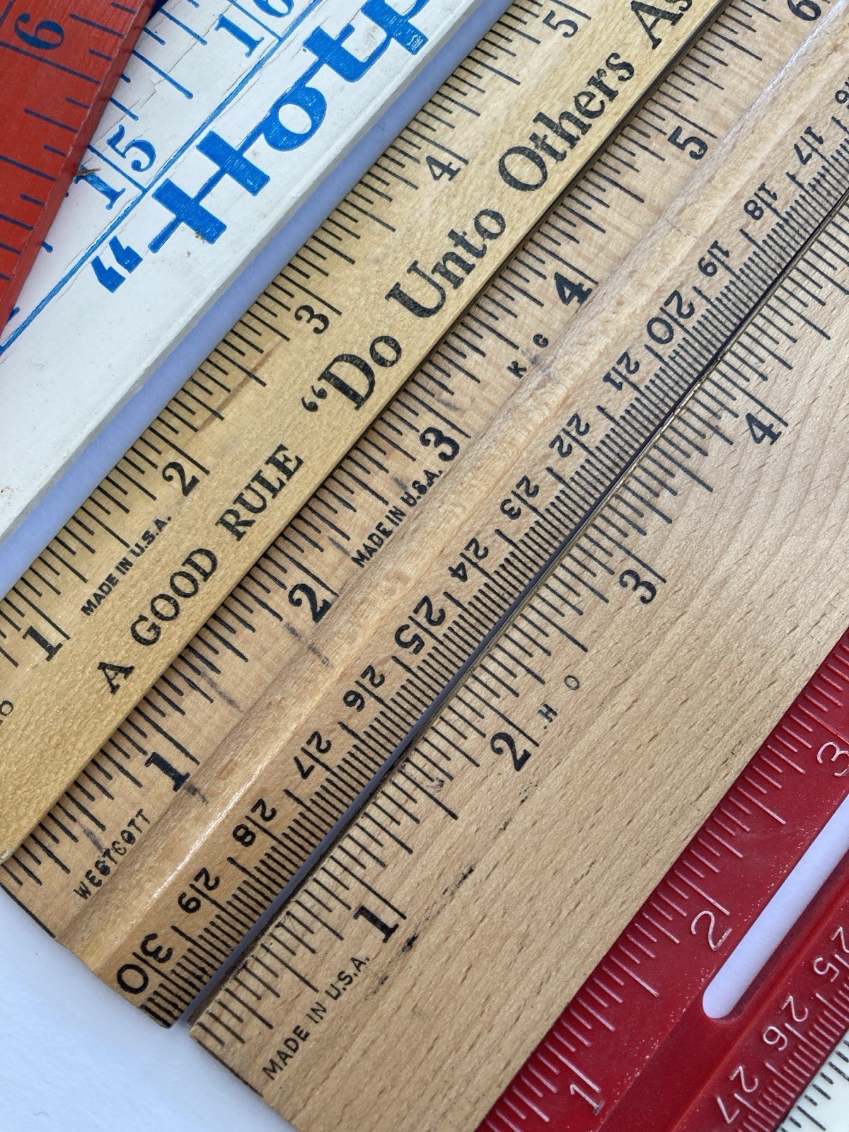 Lot of 8 Vintage Rulers Plastic (4) Wood (4) Green Red White Coca Cola (1) FUN!