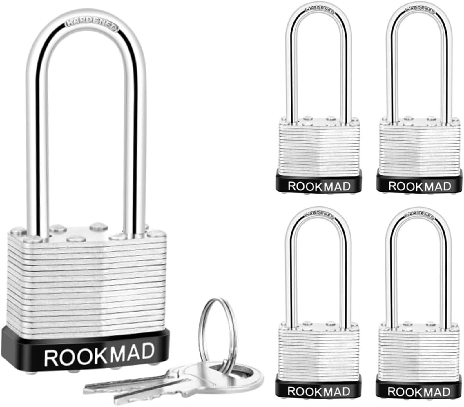 Keyed Padlocks Laminated Steel Long Shackle 5 Pack with Keys for Indoor Outdoor
