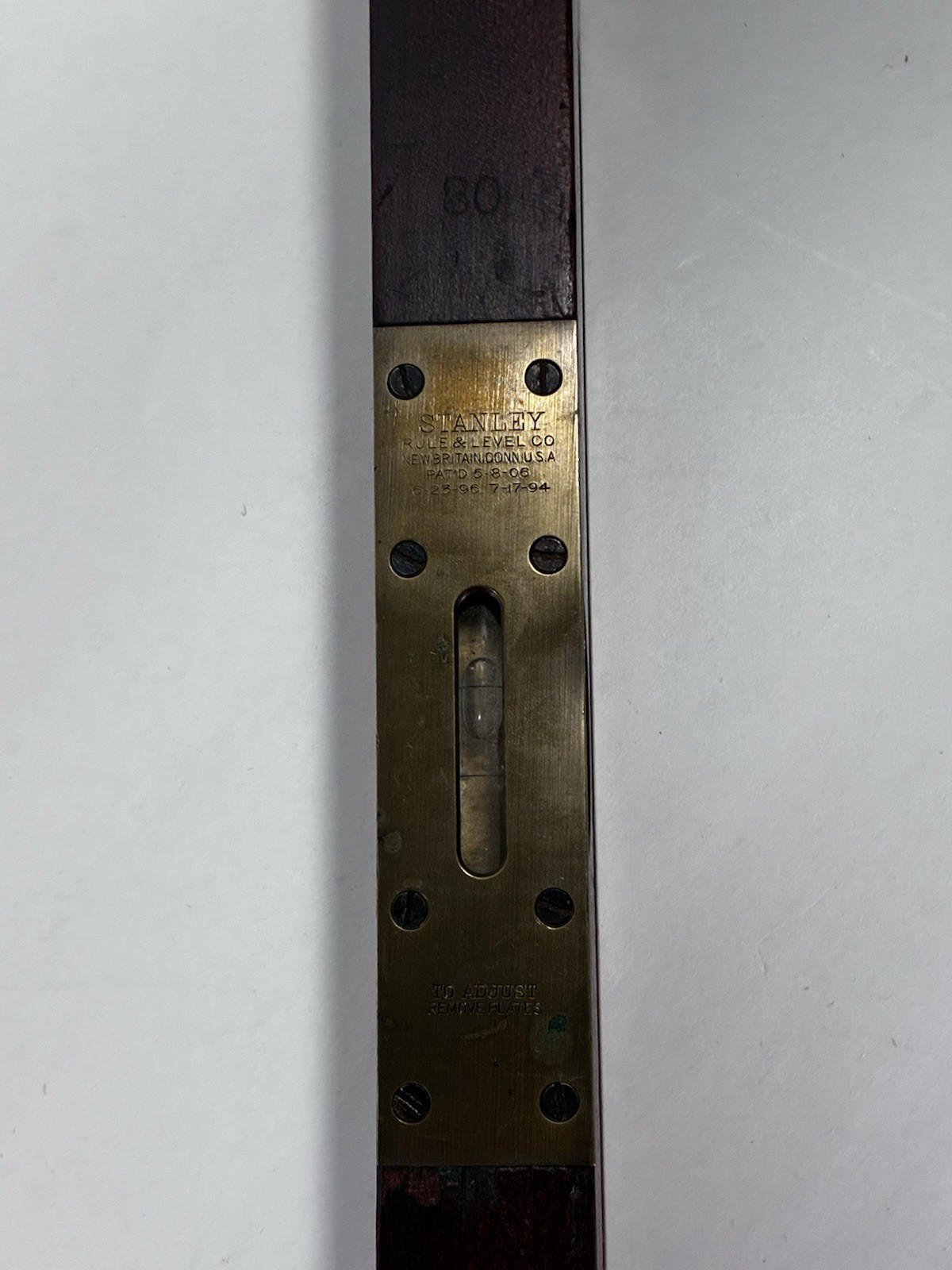 Antique Stanley No. 3 Adjustable 28 in Wood Spirit Level Pat 1906 Brass 3 Vial