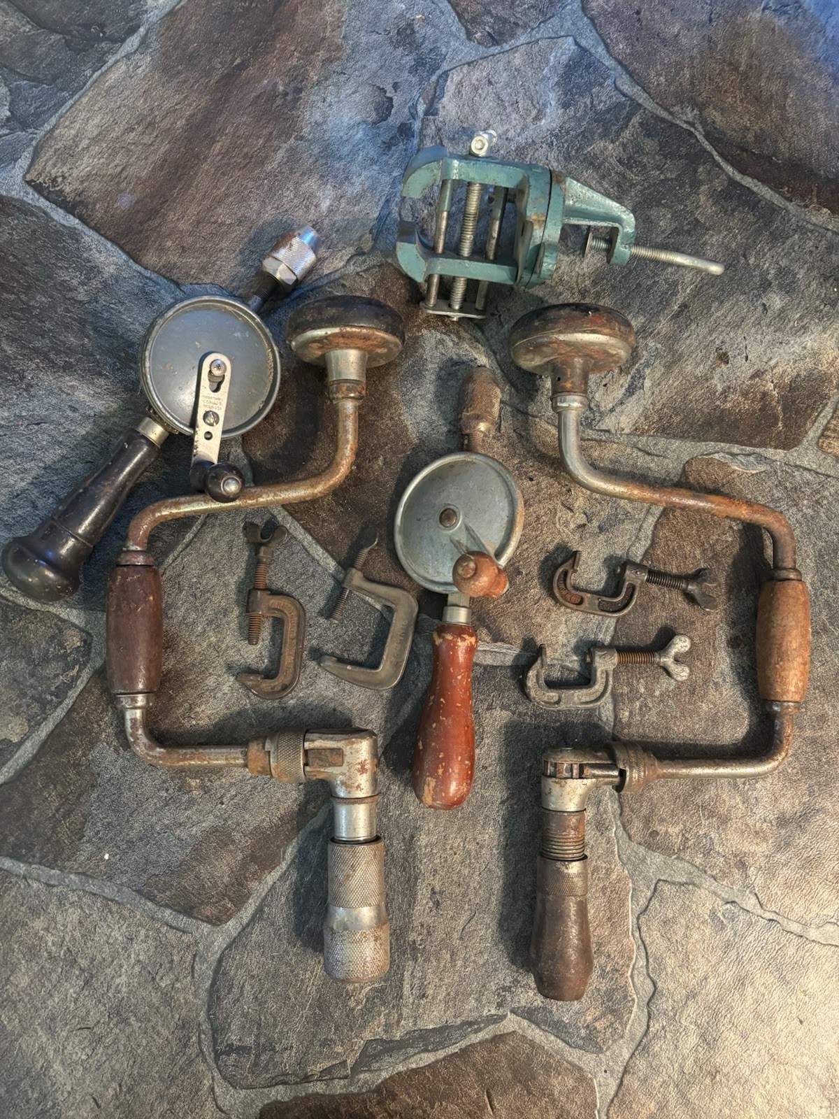 Lot of Vintage Hand Drills Bit Brace Clamps Woodwork Handcraft