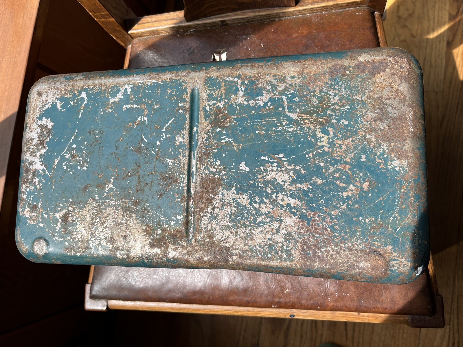 Vintage Union Steel Utility Chest Tool Fishing Box Leroy New York USA Blue Aqua