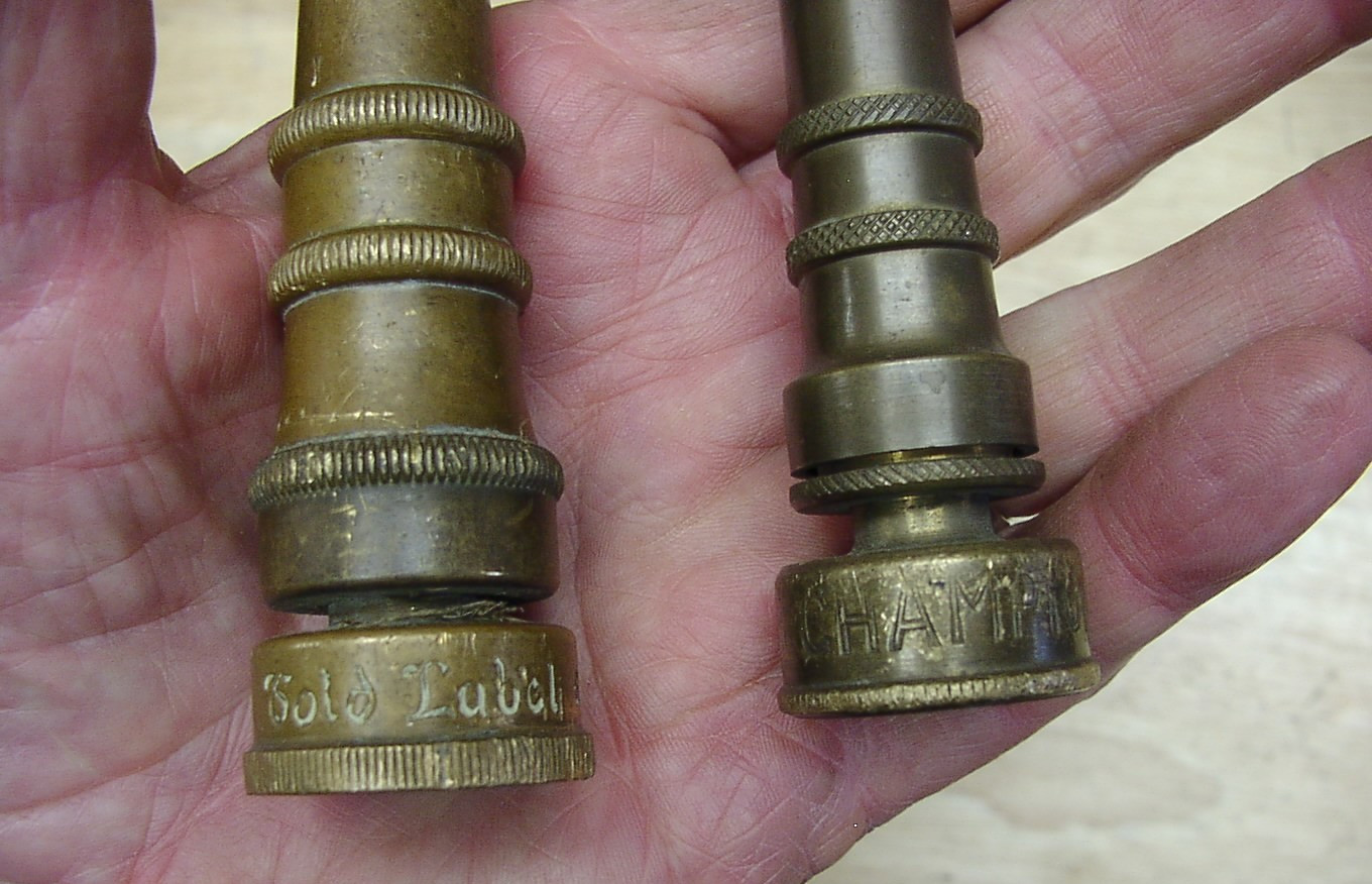 3 Vntg Brass Hose Nozzles,Incl. Gold Label, Champion Italy & Unbrandfed,VGC