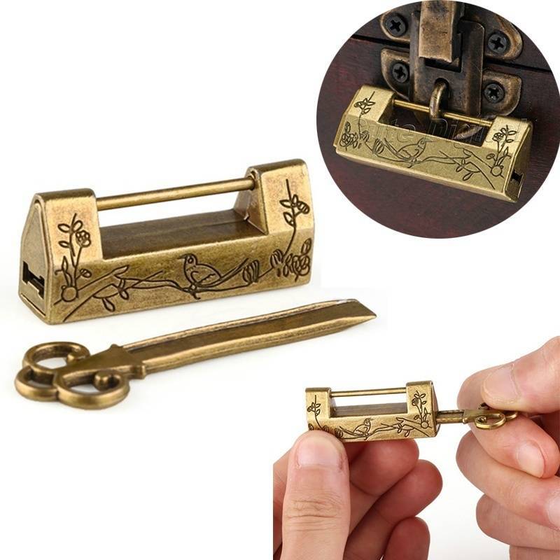 Chinese Locks Old Style Lock and Key Excellent Brass Carved Word