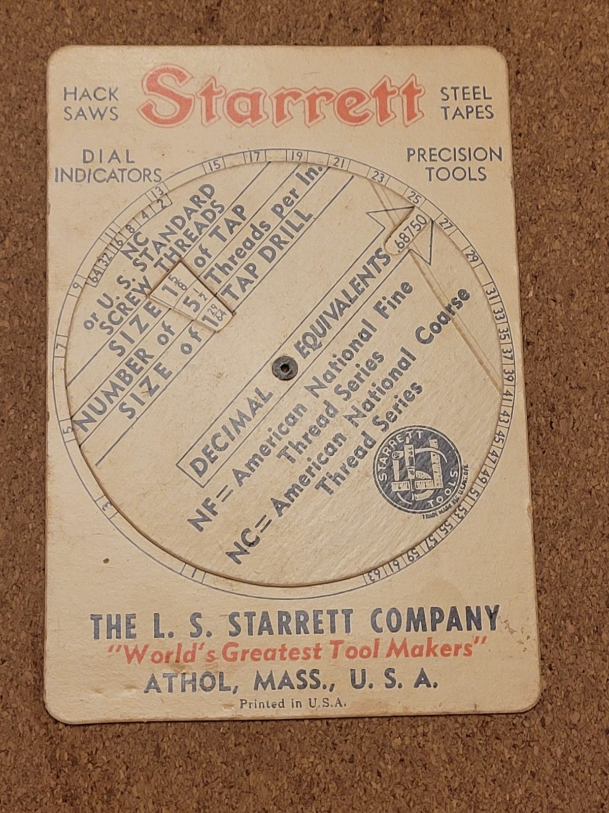 1943 L.S. Starrett Company Screw Threads & Tap Drill Spin Dial Calculator