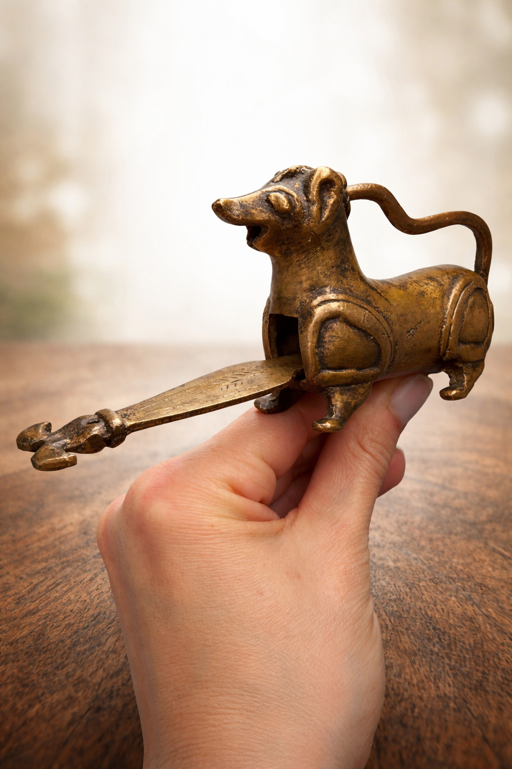 Antique Bronze Dog Figural Padlock with Key – Animal Lock Functional Decor