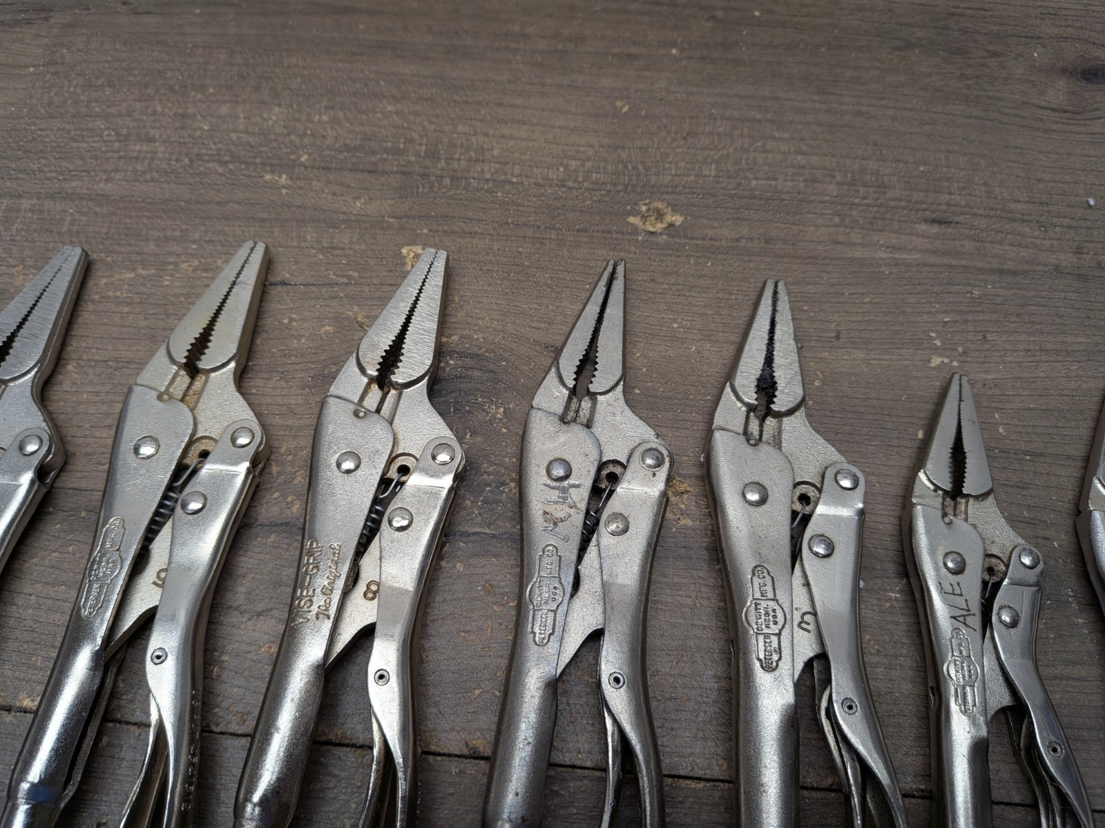 VINTAGE PETERSEN VISE GRIP PLIERS LOT OF 9, (2) LN, (5) 6LN, 9LN, 7WR, USA