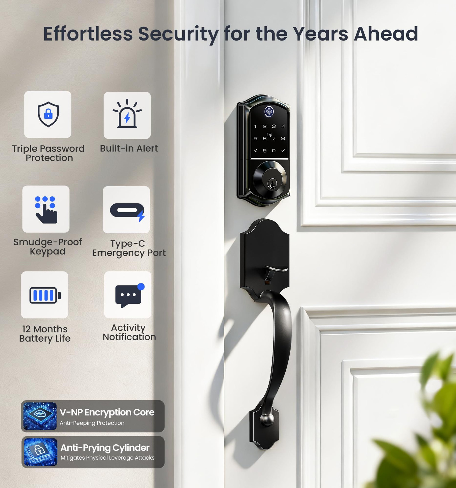 Veise VE017-H Fingerprint Smart Front Door Lock Set, App Control, Matte Black