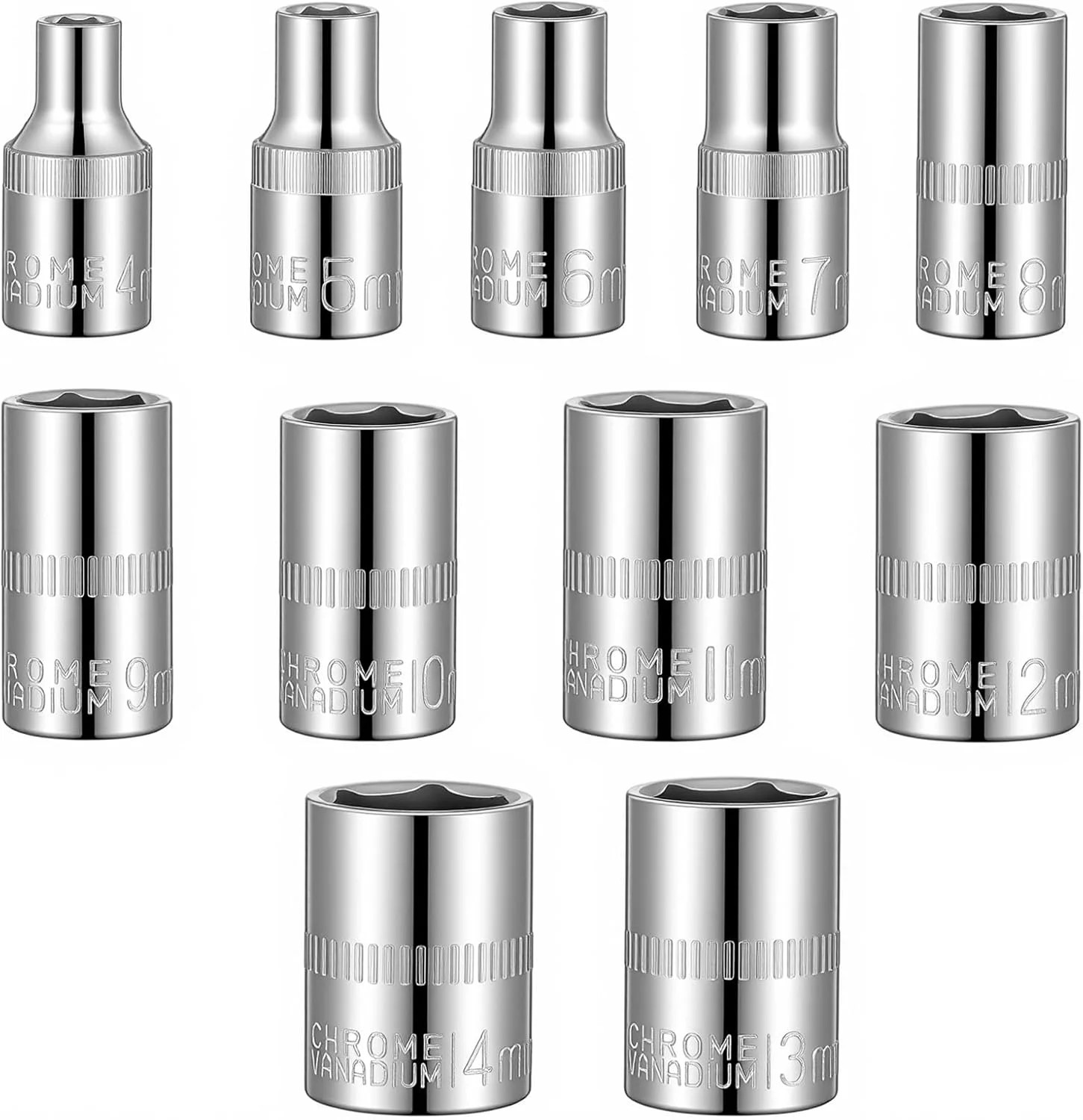 11 Piece Silver Carbon Steel Socket Set, 1/4″ 6-Point Drive Metric Socket Set, M