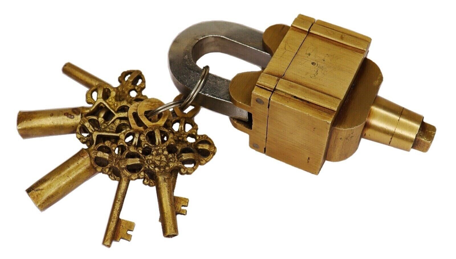 Padlock Antique Vintage Style Handmade Brass Square Shape Trick Lock With 6 Keys