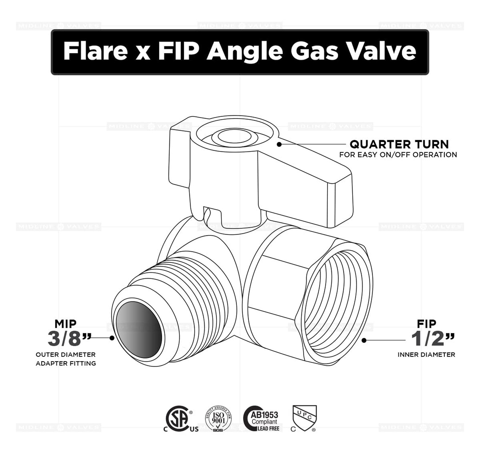 Midline Valve GASLxFA3812-5 Angle Gas Ball Valve with 3/8 in. x 1/2 in. Flare…