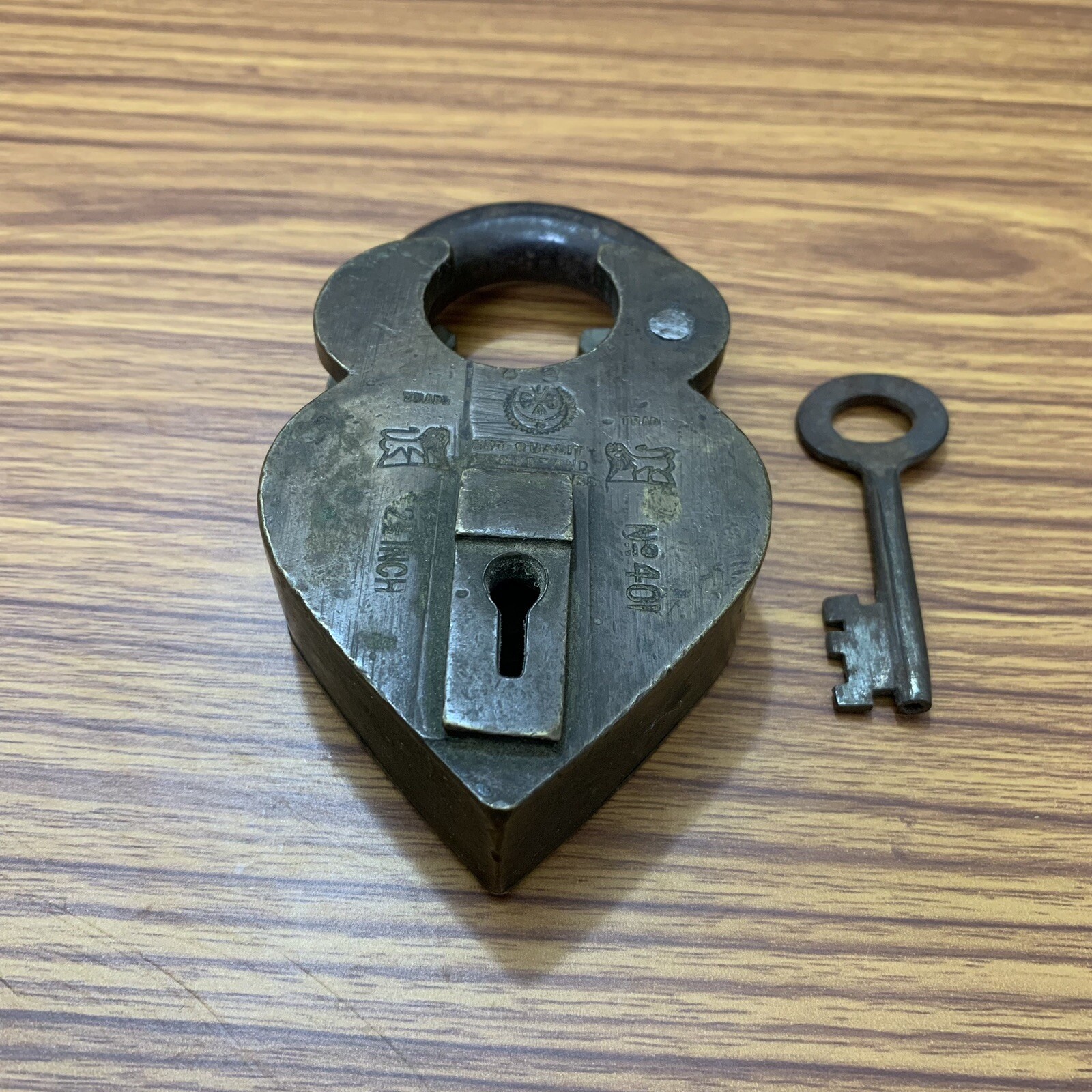 PADLOCK or LOCK WITH KEY OLD ANTIQUE BRASS, Crab shape, Rich Patina.