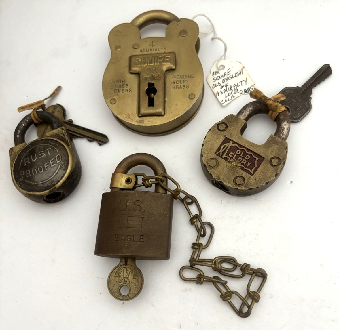 Lot of 4 Vintage Solid Brass Pad Locks – #4 Admiralty Squire English + 3 More