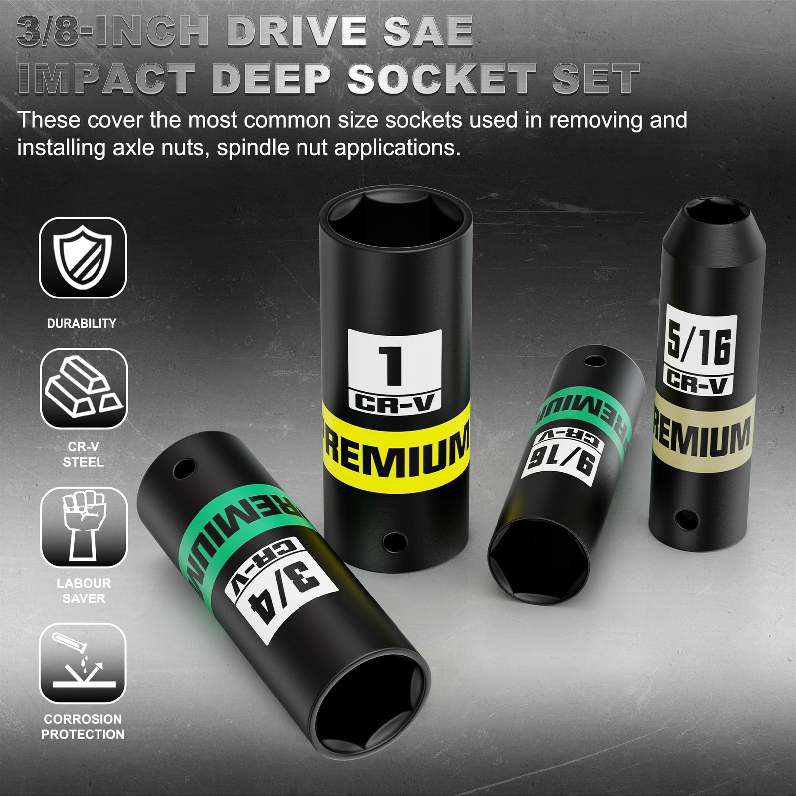 12-Piece 3/8-Inch Drive SAE Impact Deep Socket Set, 5/16 to 1 inch, CR-V, 6 P…